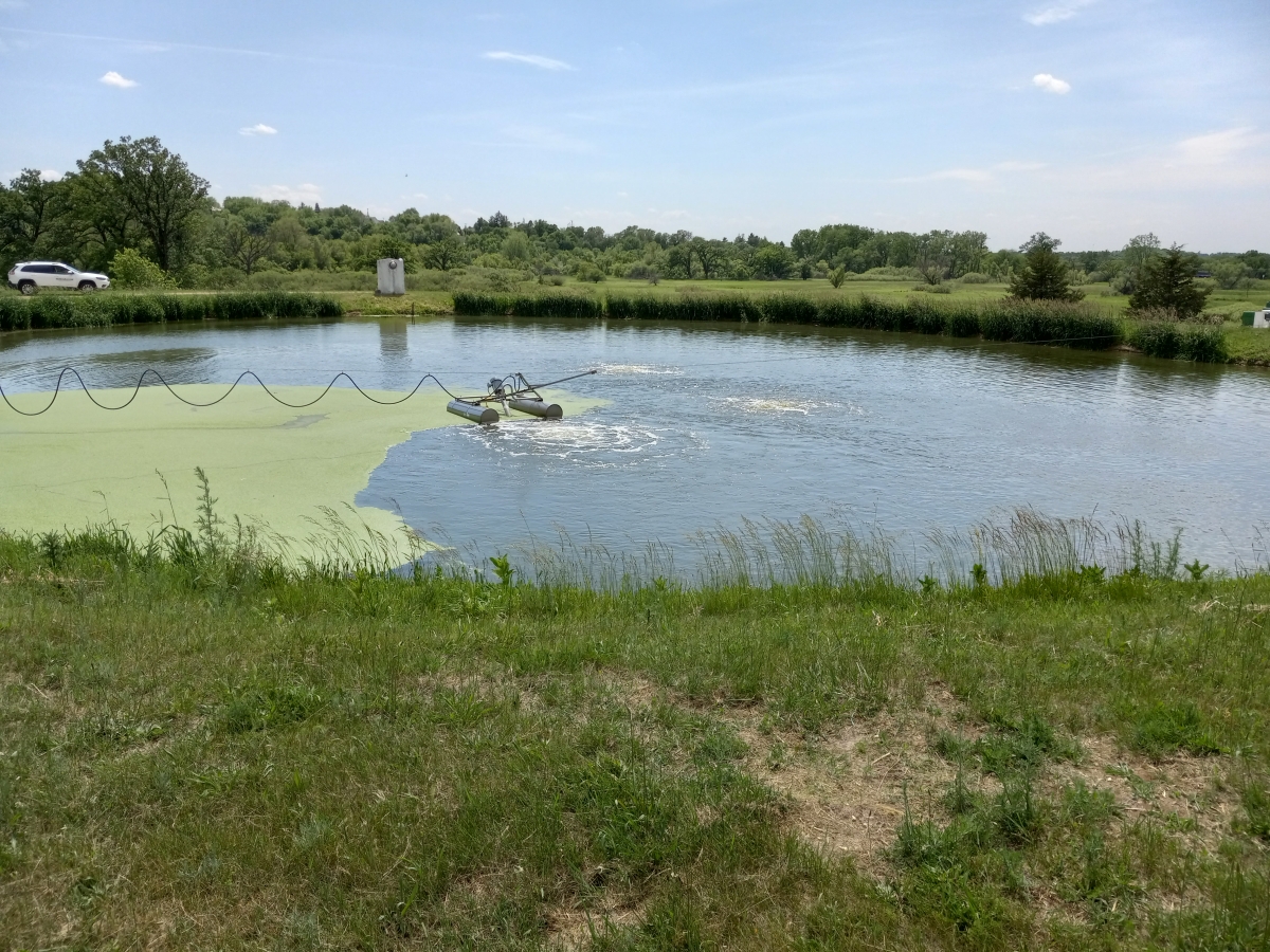  Surface aerators like those in this picture facilitate aeration in a lagoon WWTP system.